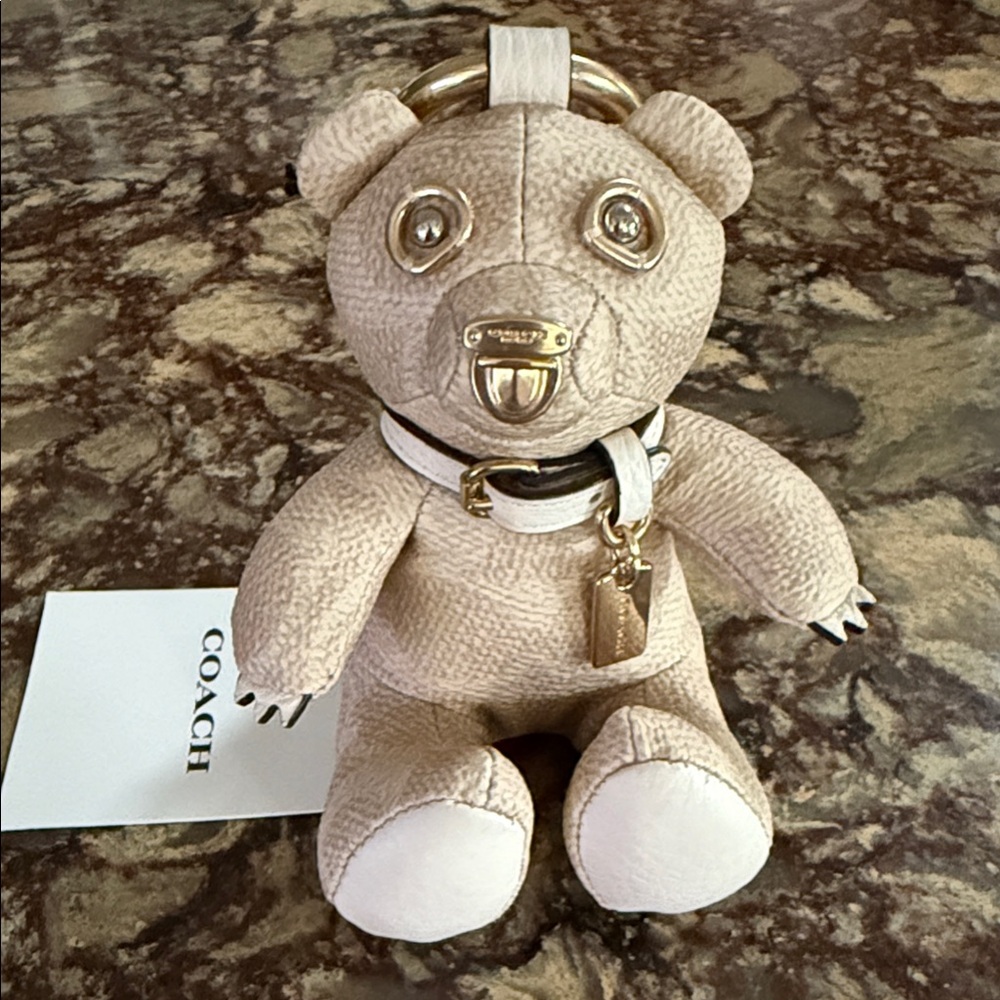 Coach Tan Teddy Bear Keychain with Gold Accents